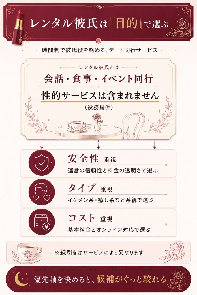 レンタル彼氏の定義と安全性・タイプ・コストの3つの優先軸を整理した図解
