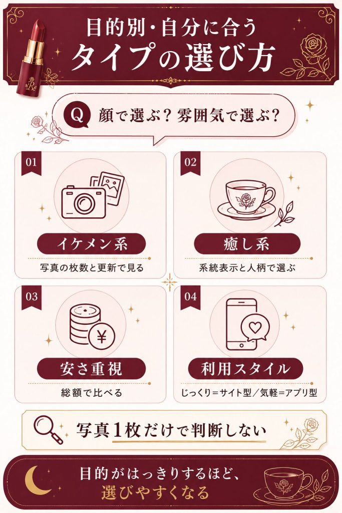 イケメン系・癒し系・安さ重視・利用スタイル別にレンタル彼氏の選び方を整理した図解
