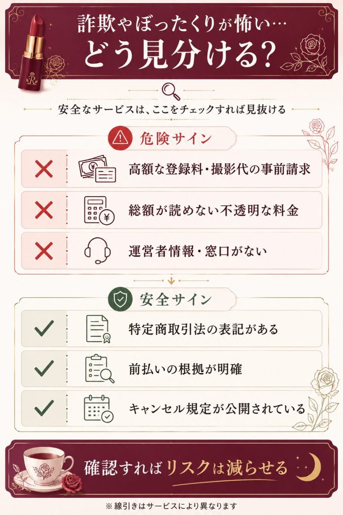 詐欺サイトの危険サインと安全なサービスの確認ポイントをまとめたチェックリスト図解